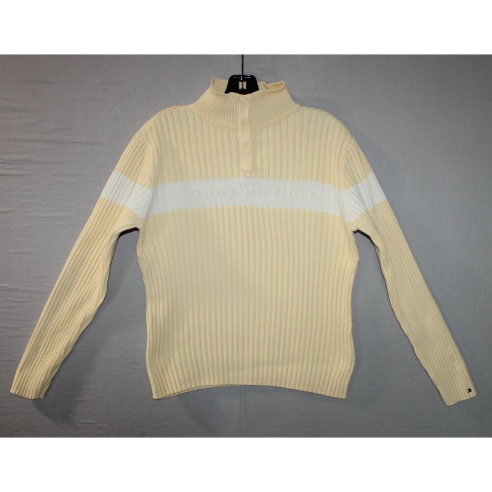 Tommy Hilfiger Ribbed Spellout Logo Sweater Yellow Snap Button 90's Y2K Style